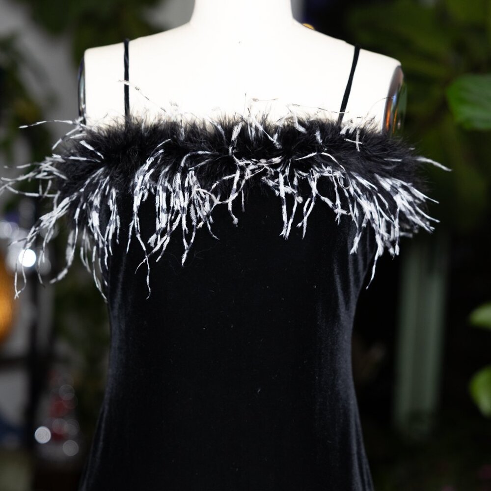 Alex Evenings Black Velvet Feather Trim Gown – Size 4